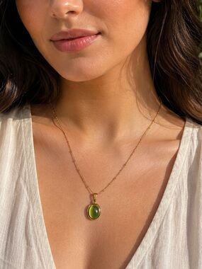 Gold Necklace with Green Stone Pendant